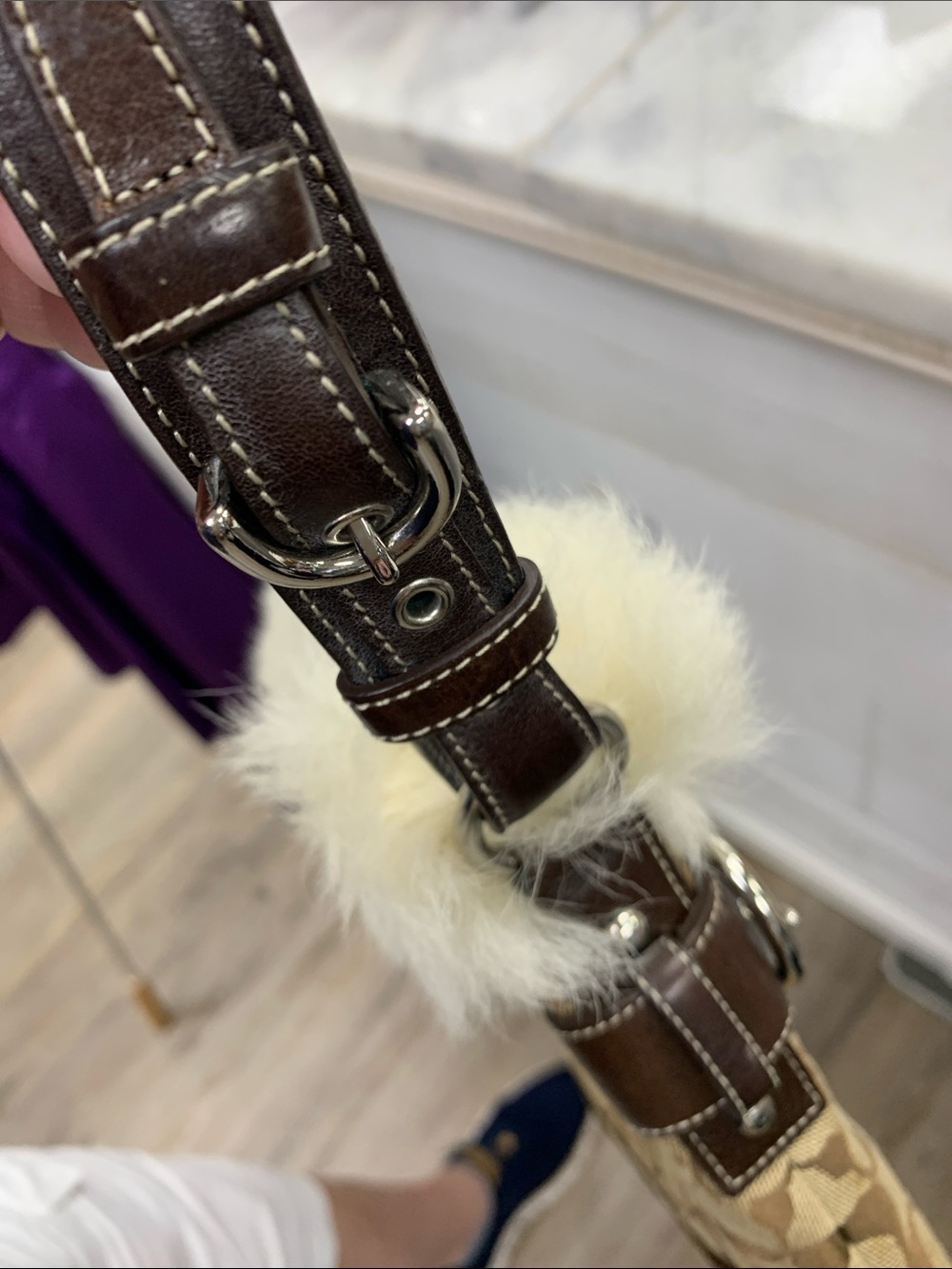 Coach Tan & Brown Signature Jacquard Fur-Trim Shoulder Bag - Picture 9 of 12